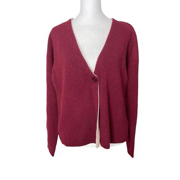 Kier + J Large Cardigan Sweater Cashmere Burgundy One Button Ribbed Crop - Picture 1 of 9